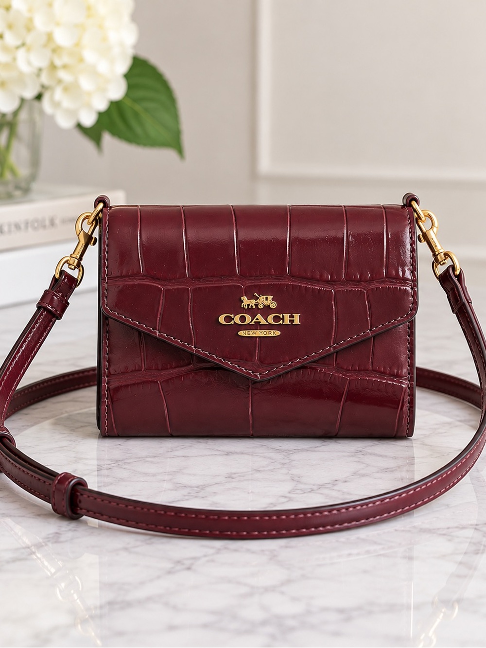 Coach CU175 Mini Envelope Wallet Crossbody Merlot Croc NWT